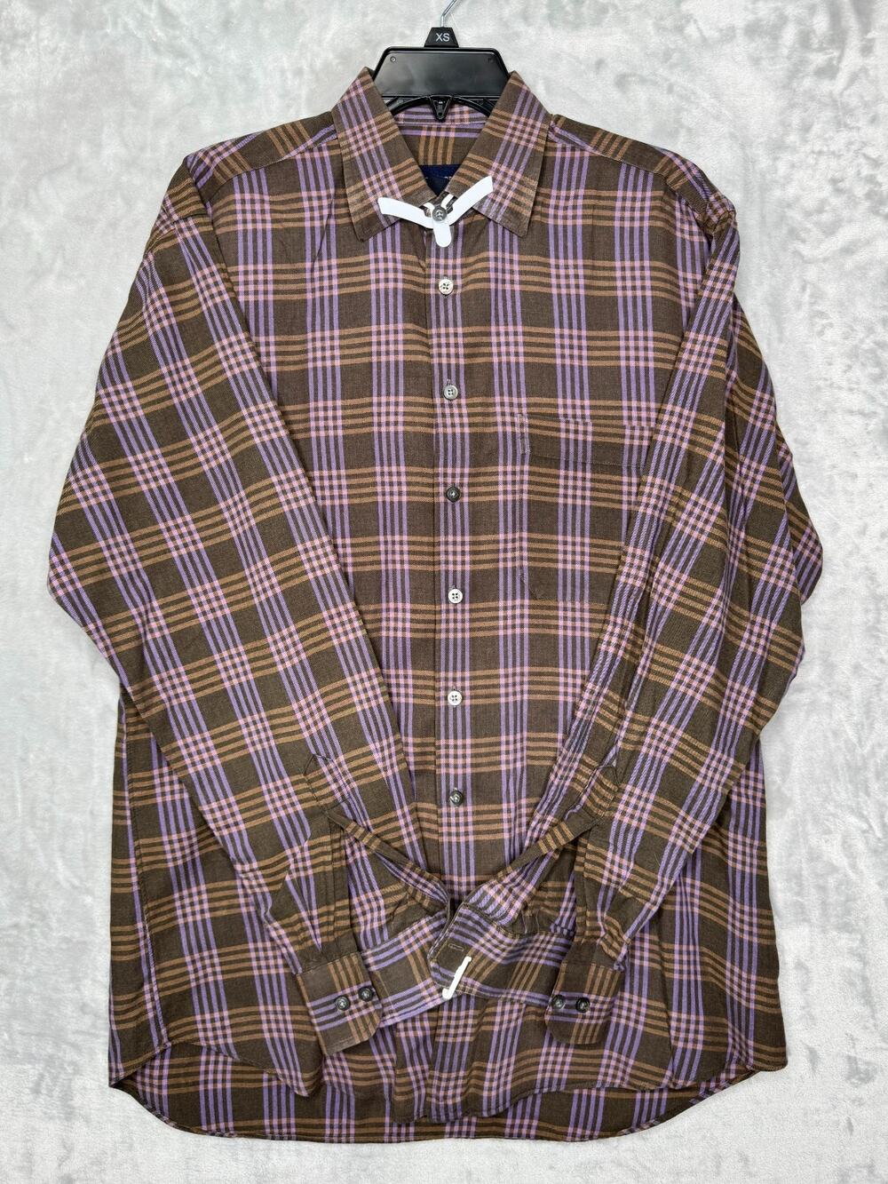 Scott Barber Shirt Mens Large Brown Purple Plaid Long Sleeve Button Front